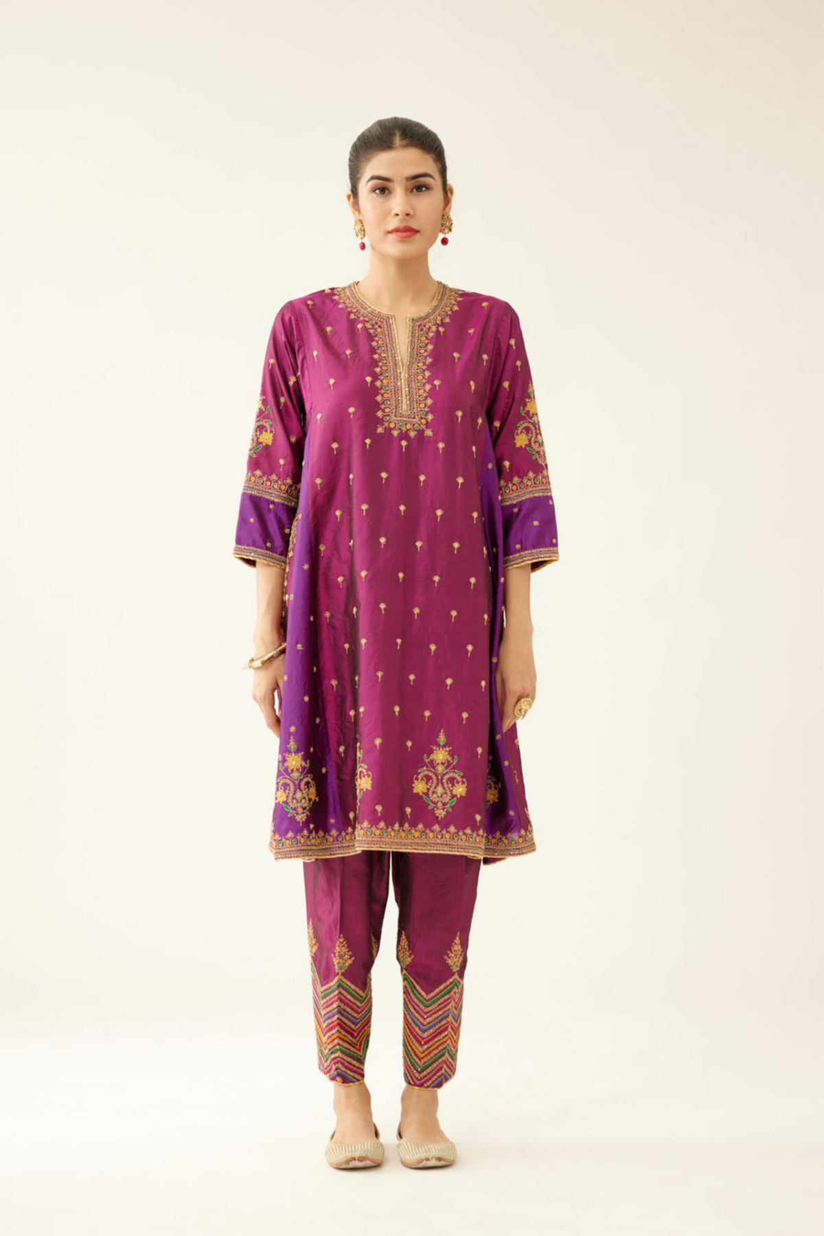 Sangria &amp; Purple Silk Kalidar Kurta Set