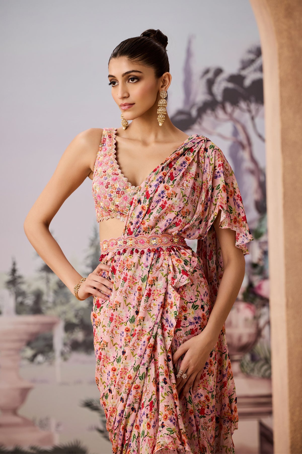 Peach Printed Saree Set