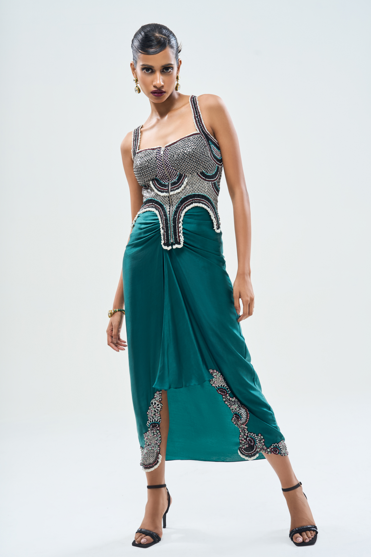 Teal Embroidered Corset With Skirt