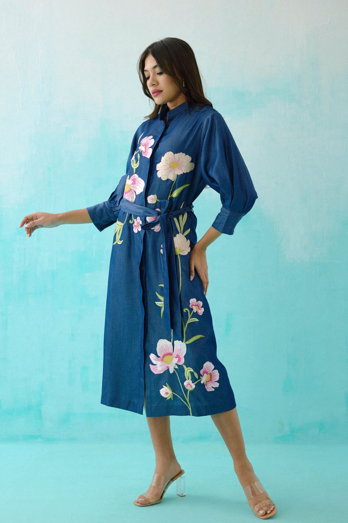 Denim Floral Embroidered Shirt Dress