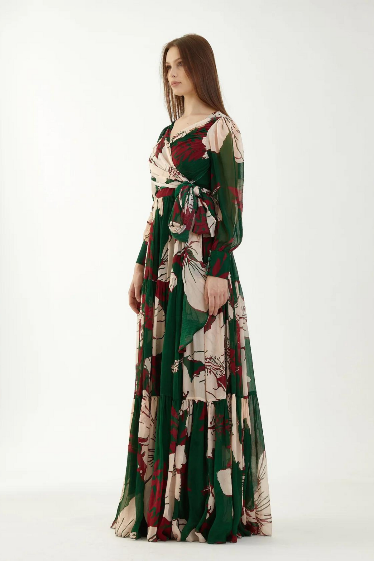 Green, Red And Offwhite Long Floral Dress