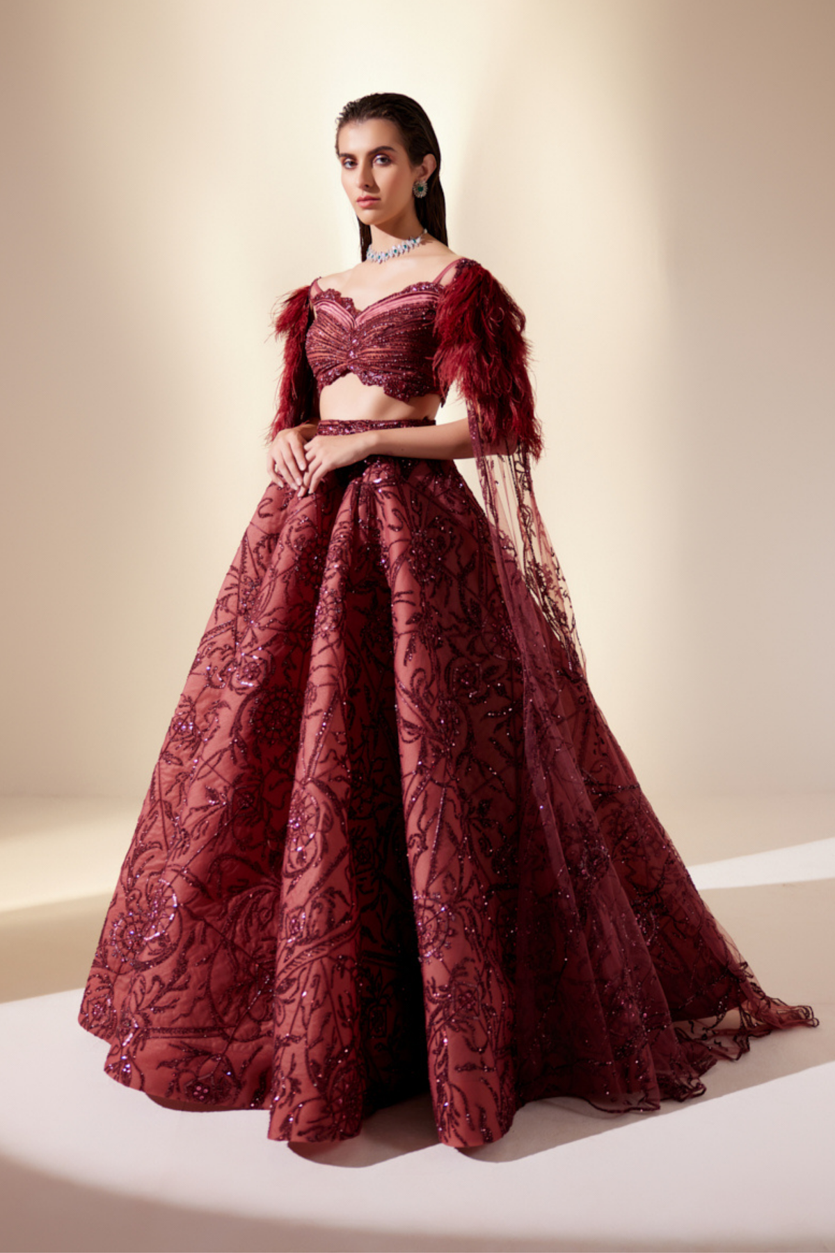 Wine Dewdrop Lehenga