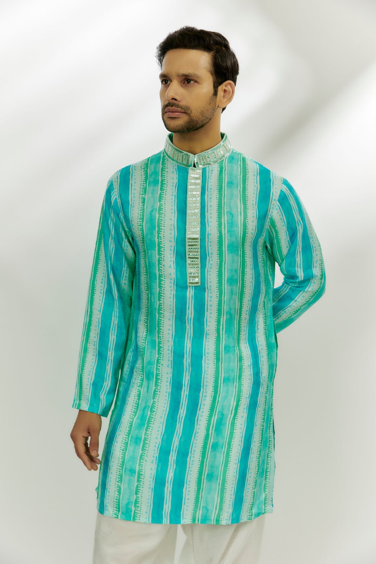 Cyan Blue Stripes Printed Kurta