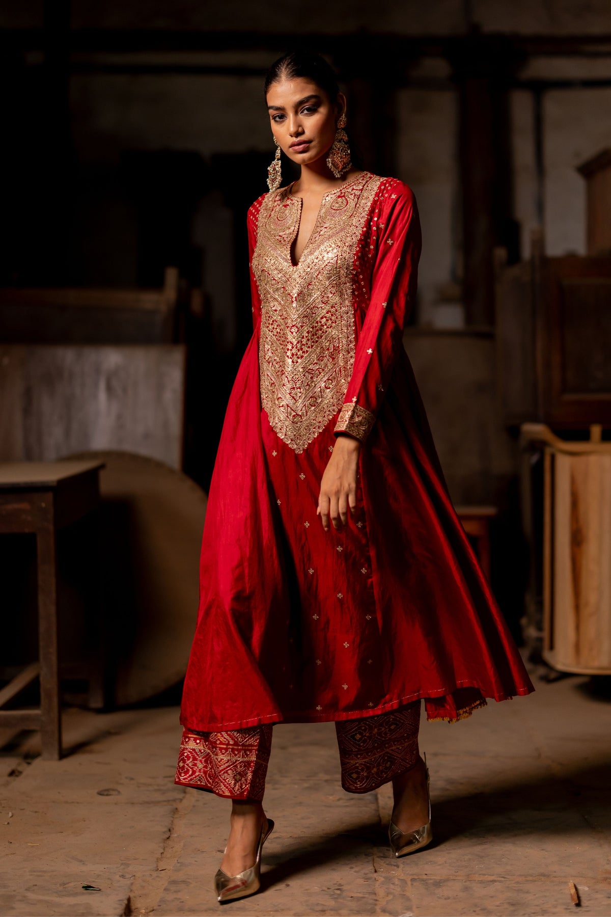 Red Anarkali With Broad Pants