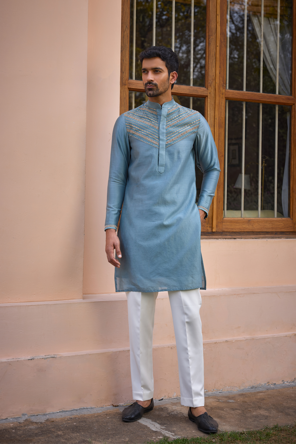 Grey dori and hand embroidered silk  kurta