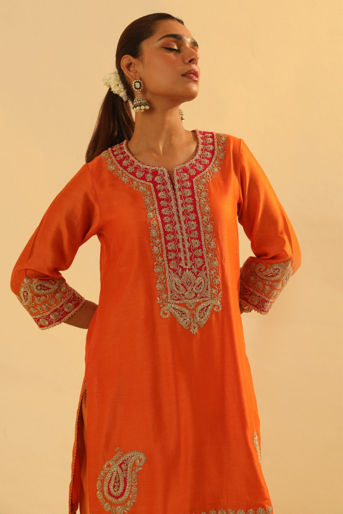 Anjum Short Orange Kurta With Dhoti