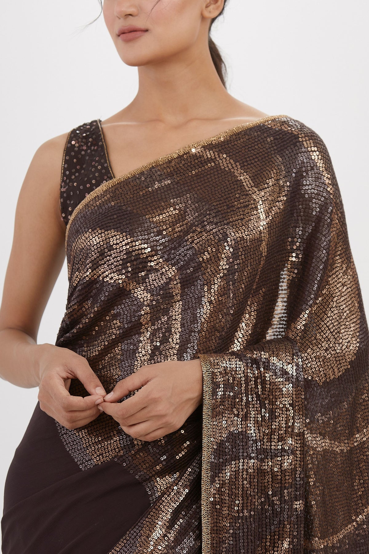 Coffee Sequin Wave Saree Set