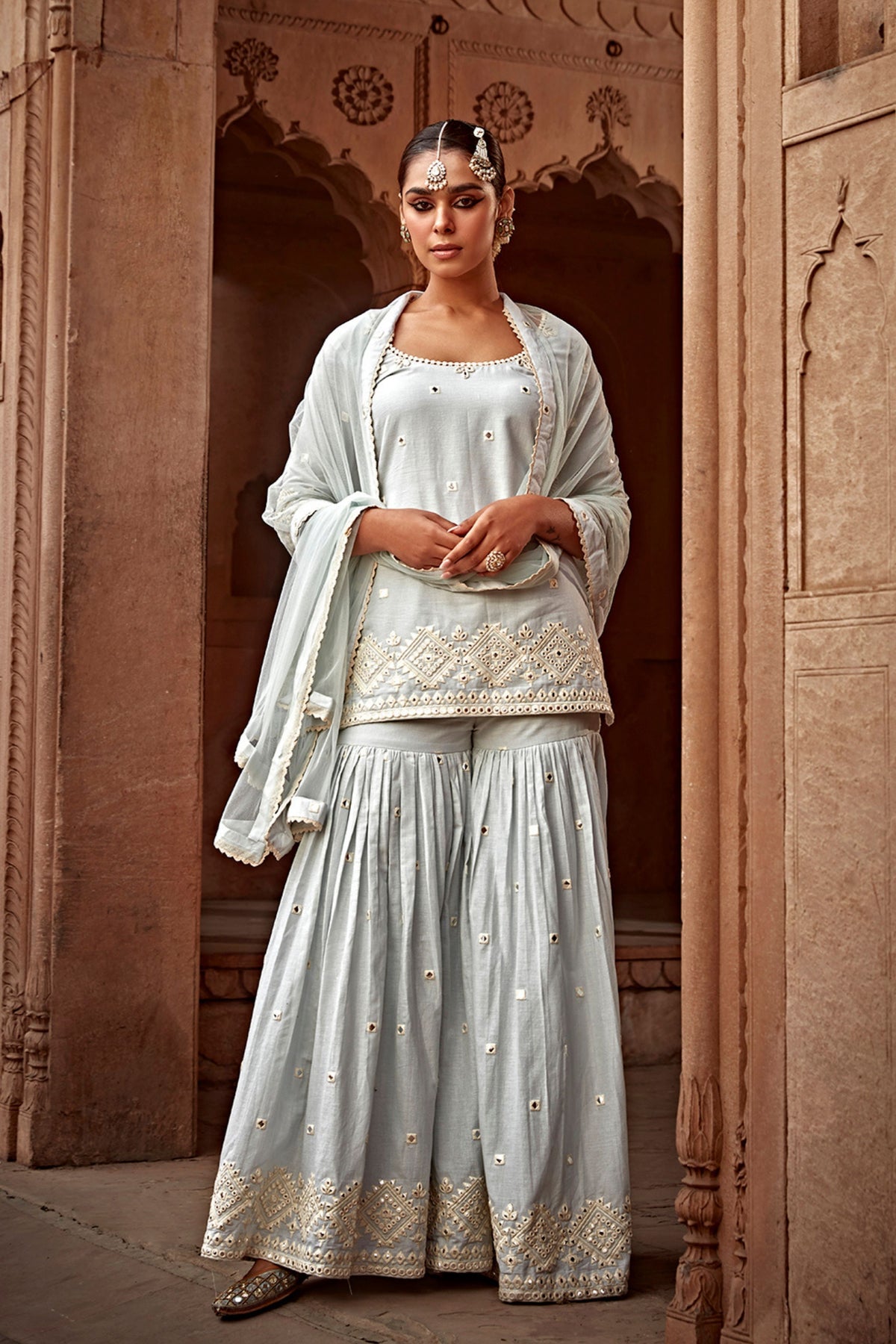 Ice Blue Diamond Straight Sharara Set