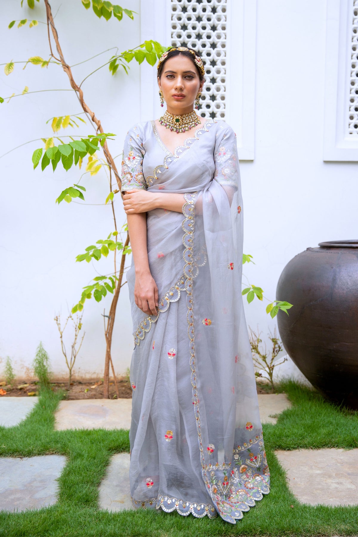 Grey Hand embroidered Saree Set