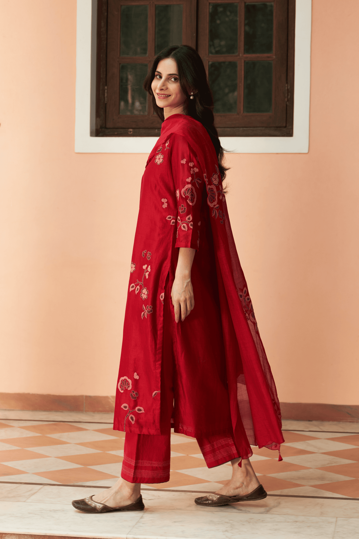 Crimson Floral Applique Kurta Set