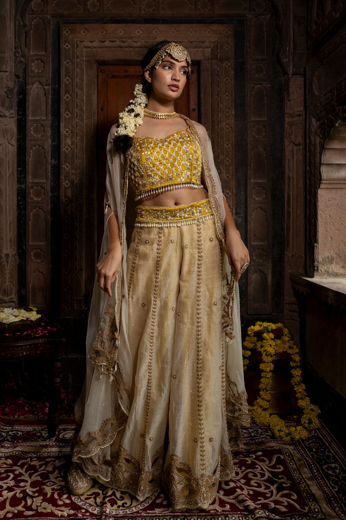 Yellow Beige Cape Sharara Set