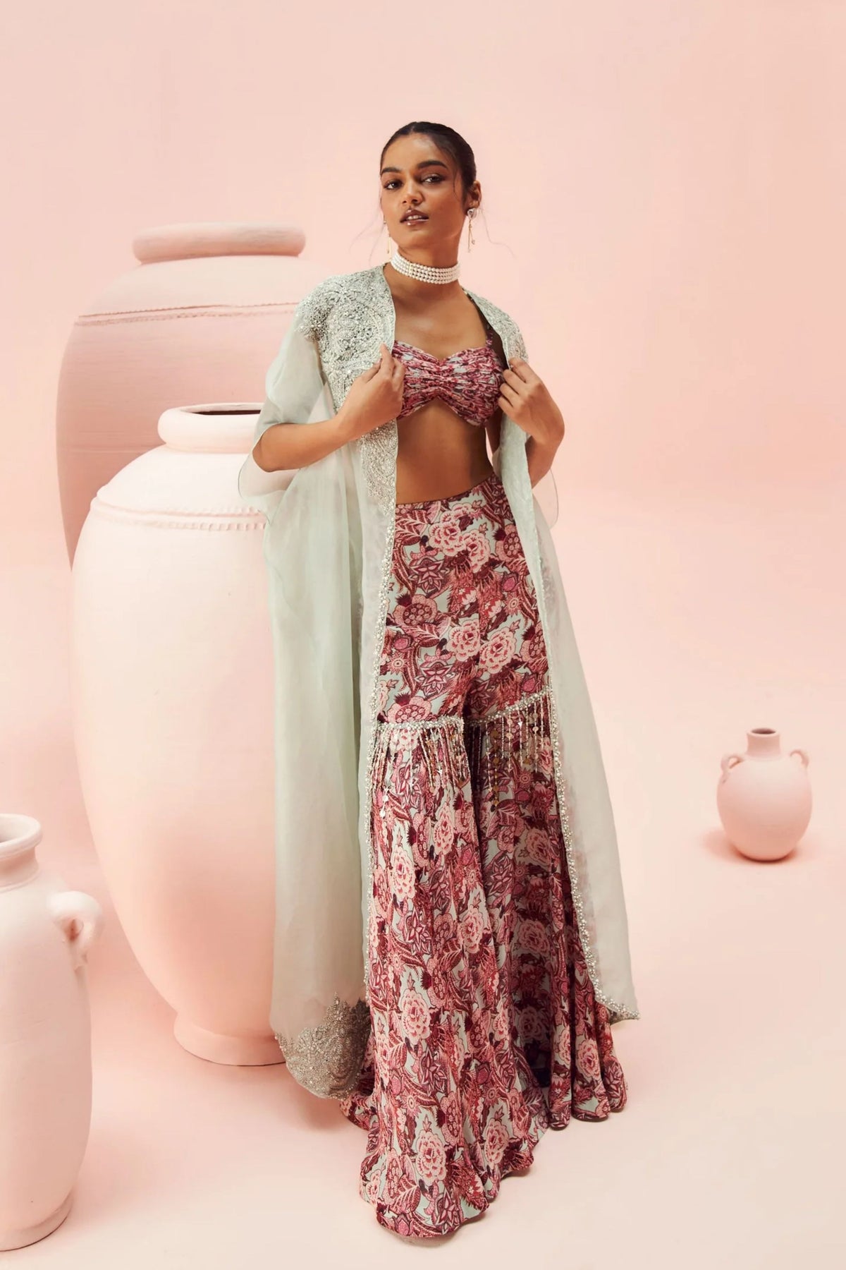 Powder Blue Abstract Floral Cape Set