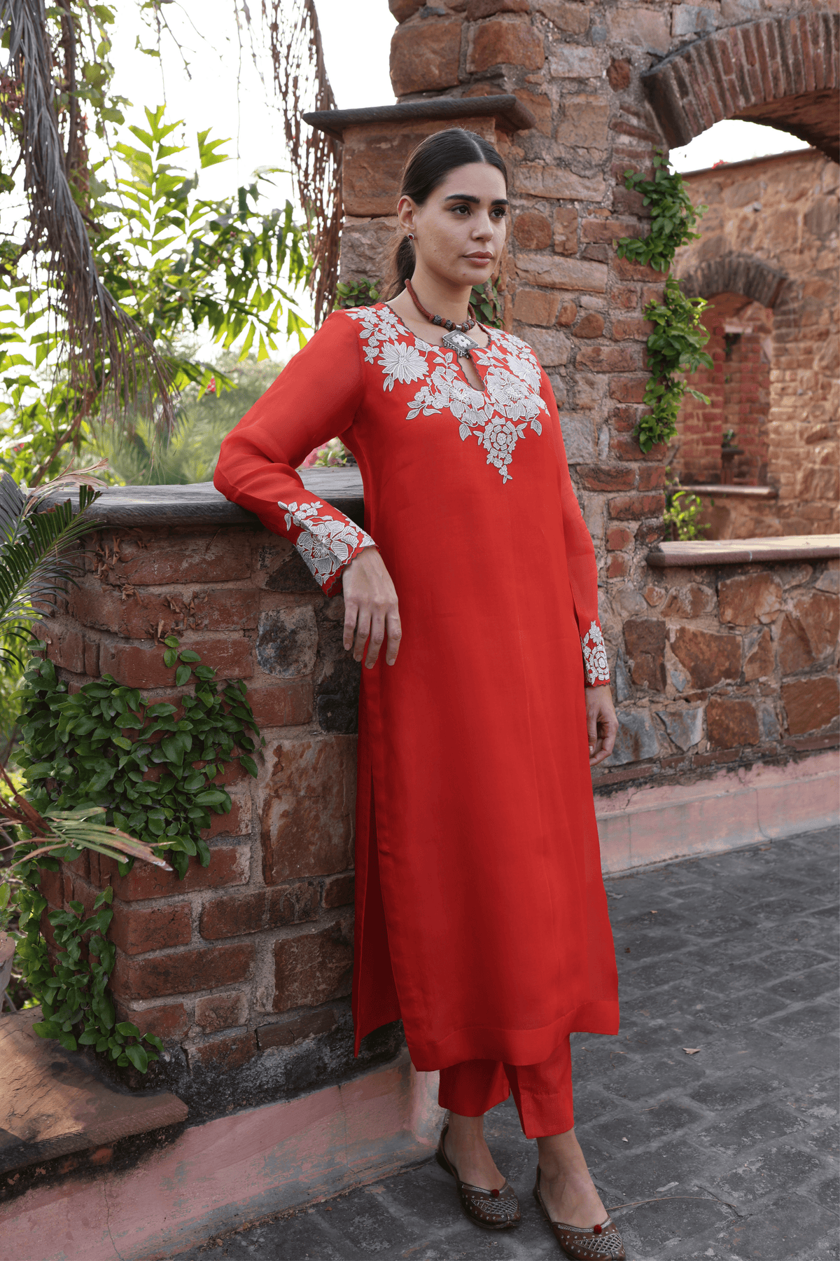 Dusty Orange Applique Kurta And Pant