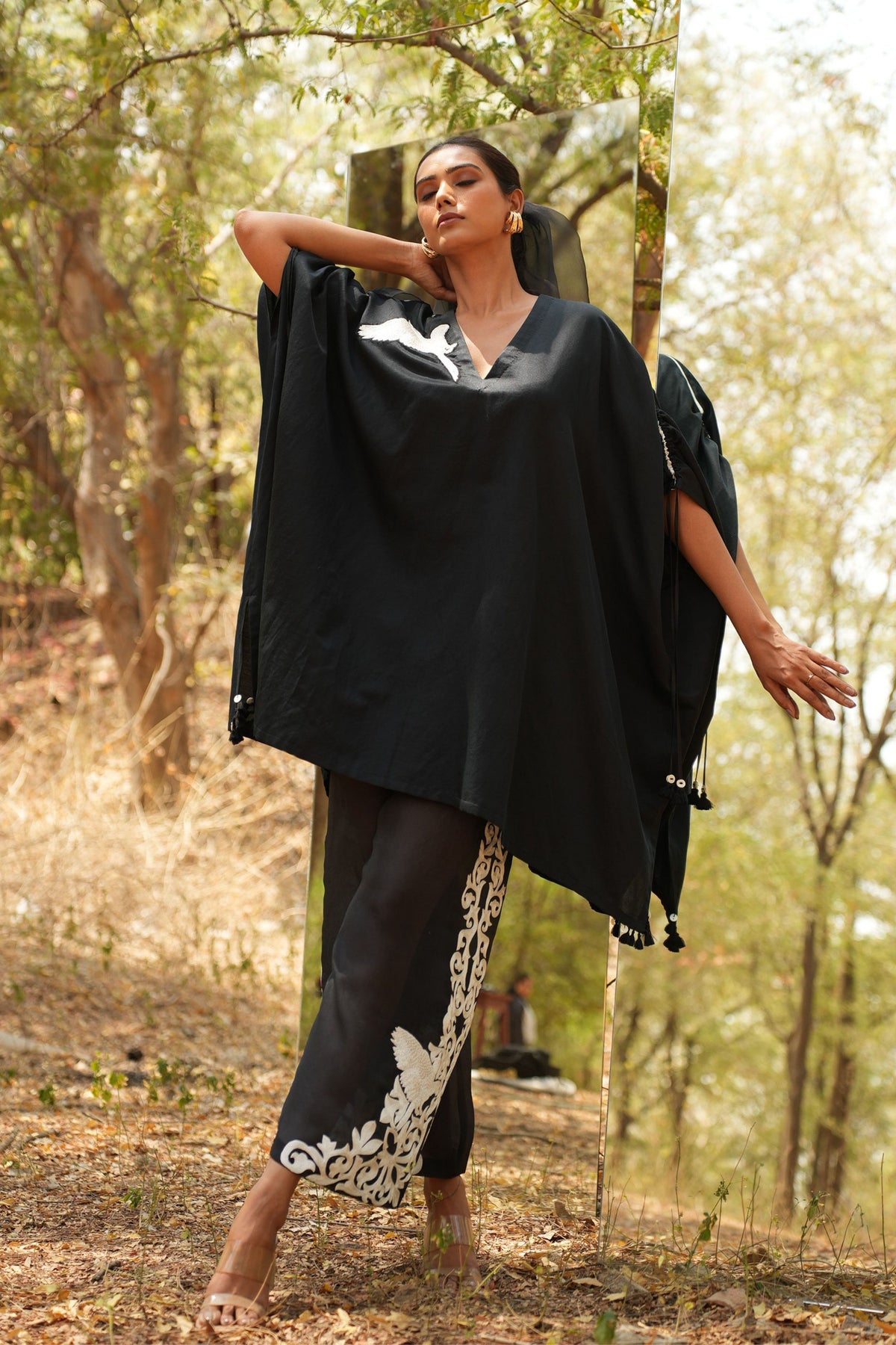 Black Embroidered Kaftan With Organza Pants