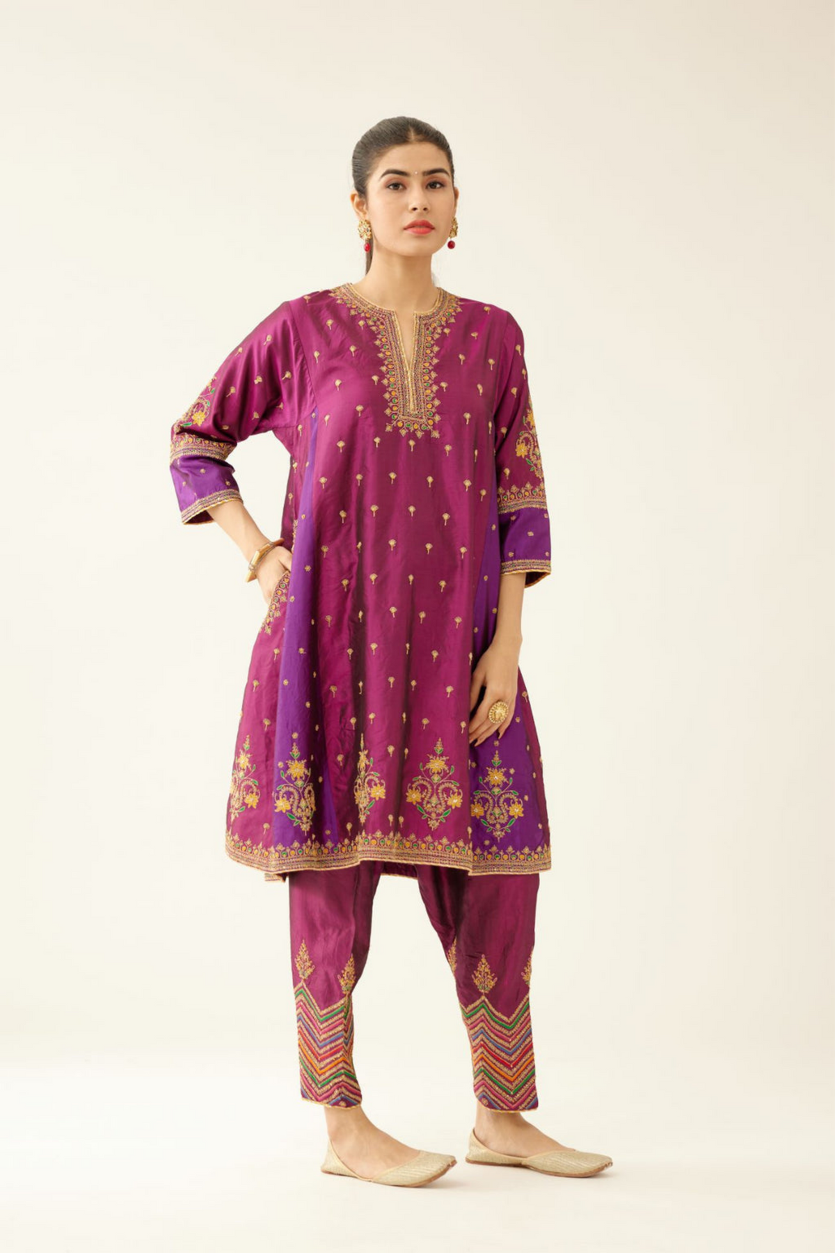 Sangria &amp; Purple Silk Kalidar Kurta Set