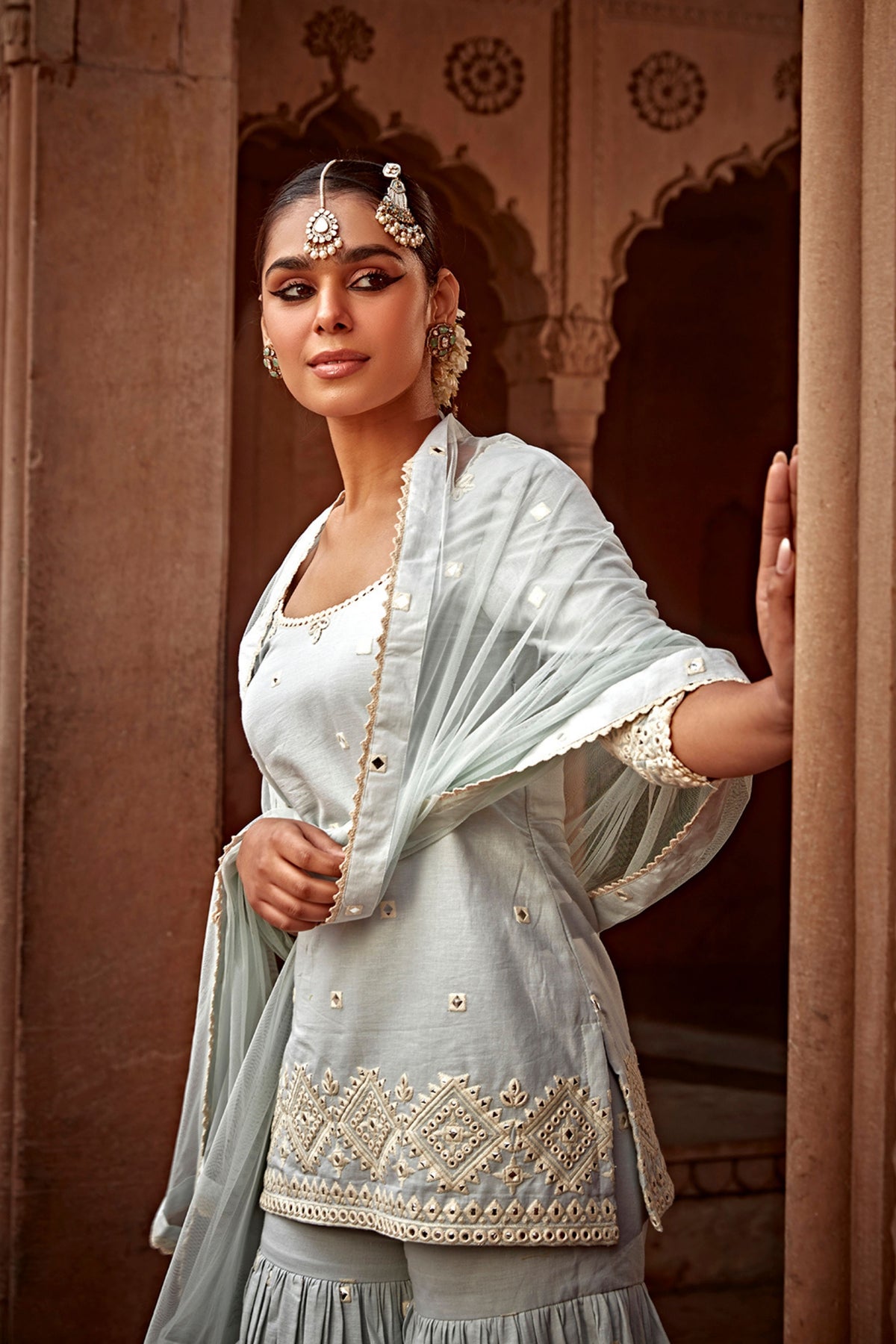 Ice Blue Diamond Straight Sharara Set