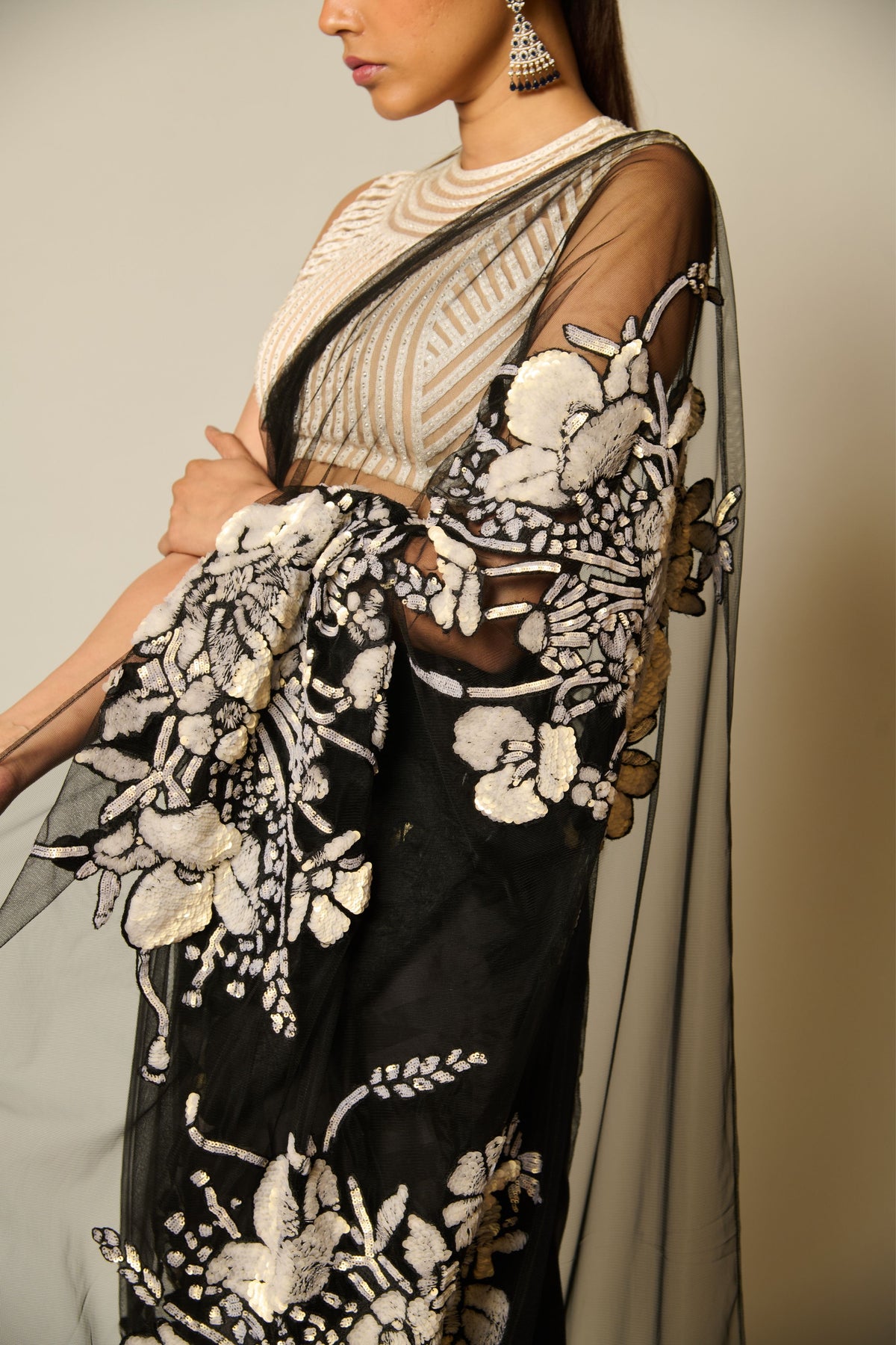 Checkmate Black-ivory Sequin Floral Saree