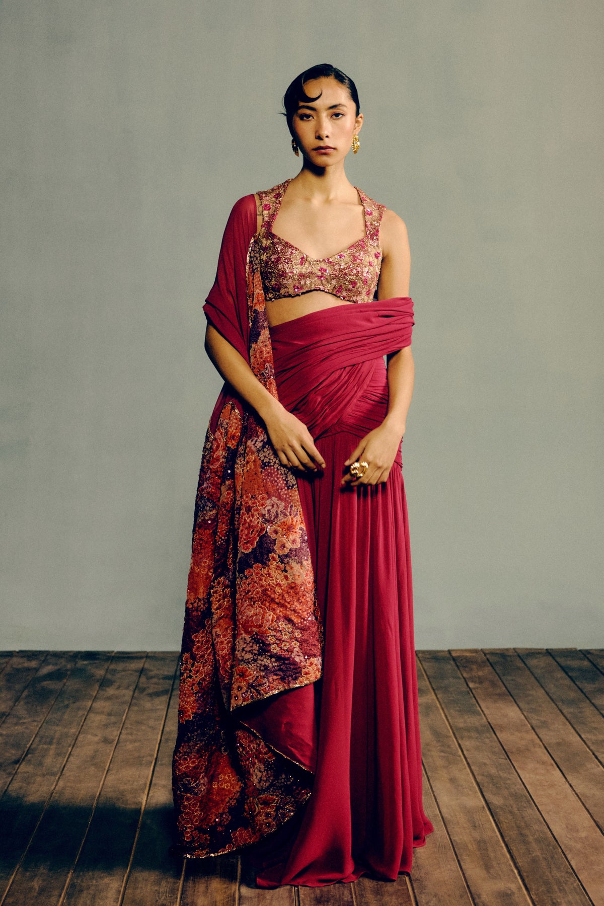 Sunset Bloom Pre-Draped Saree Set