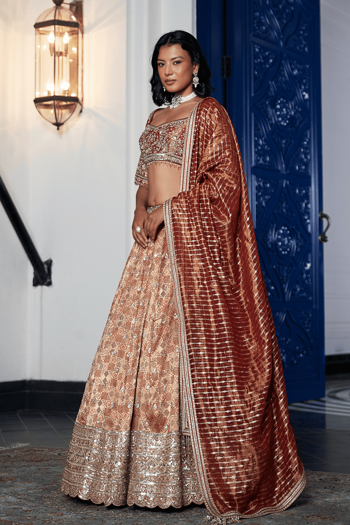 Rust Banarasi Embroidered Lehenga Set