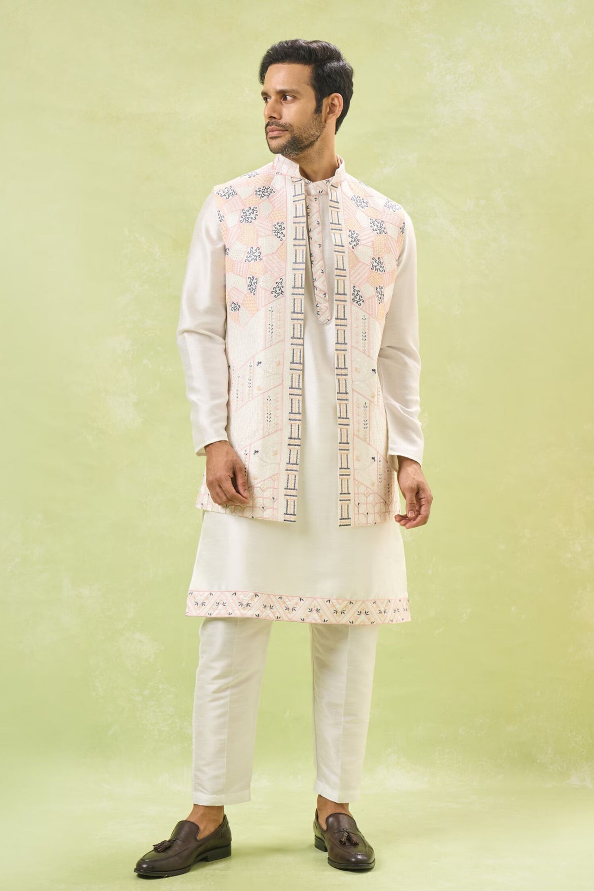 Off-white Embroidered Nehru Jacket Set