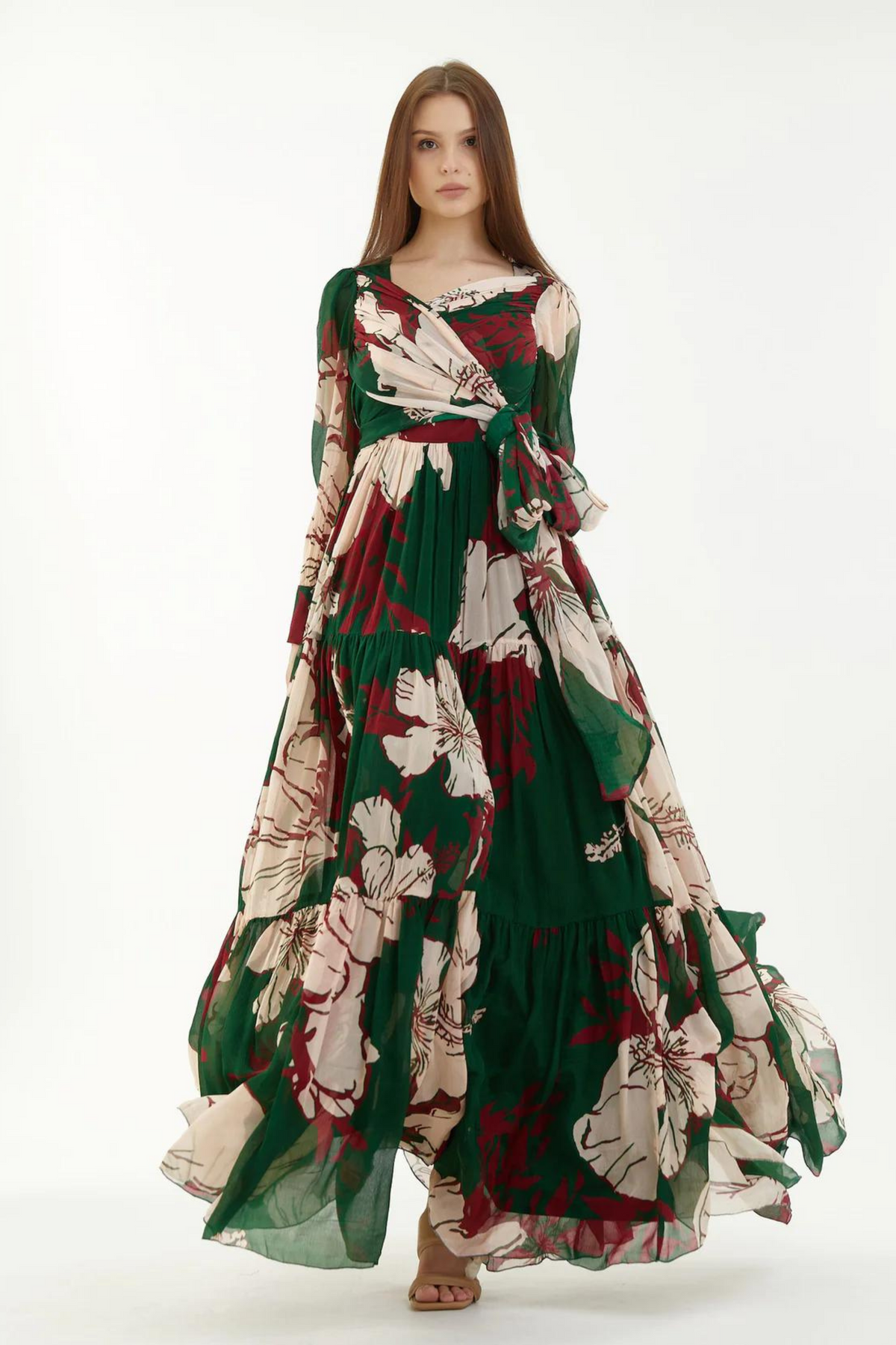 Green, Red And Offwhite Long Floral Dress