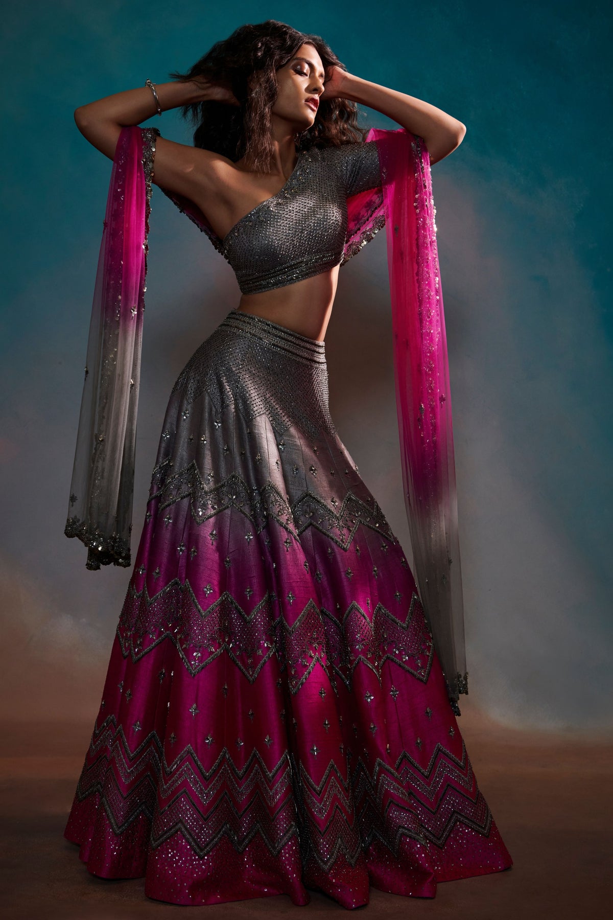 Grey and Fushia Lehnga Set