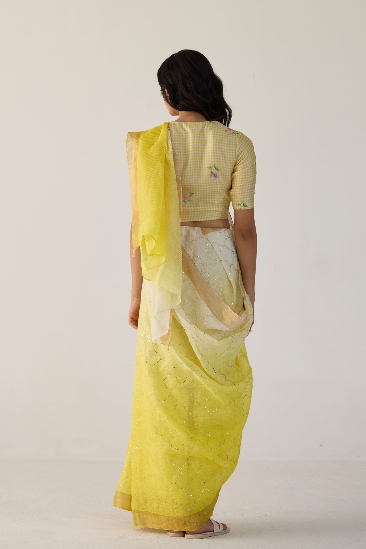 Yellow Ombre Sari With Gold Dot Print