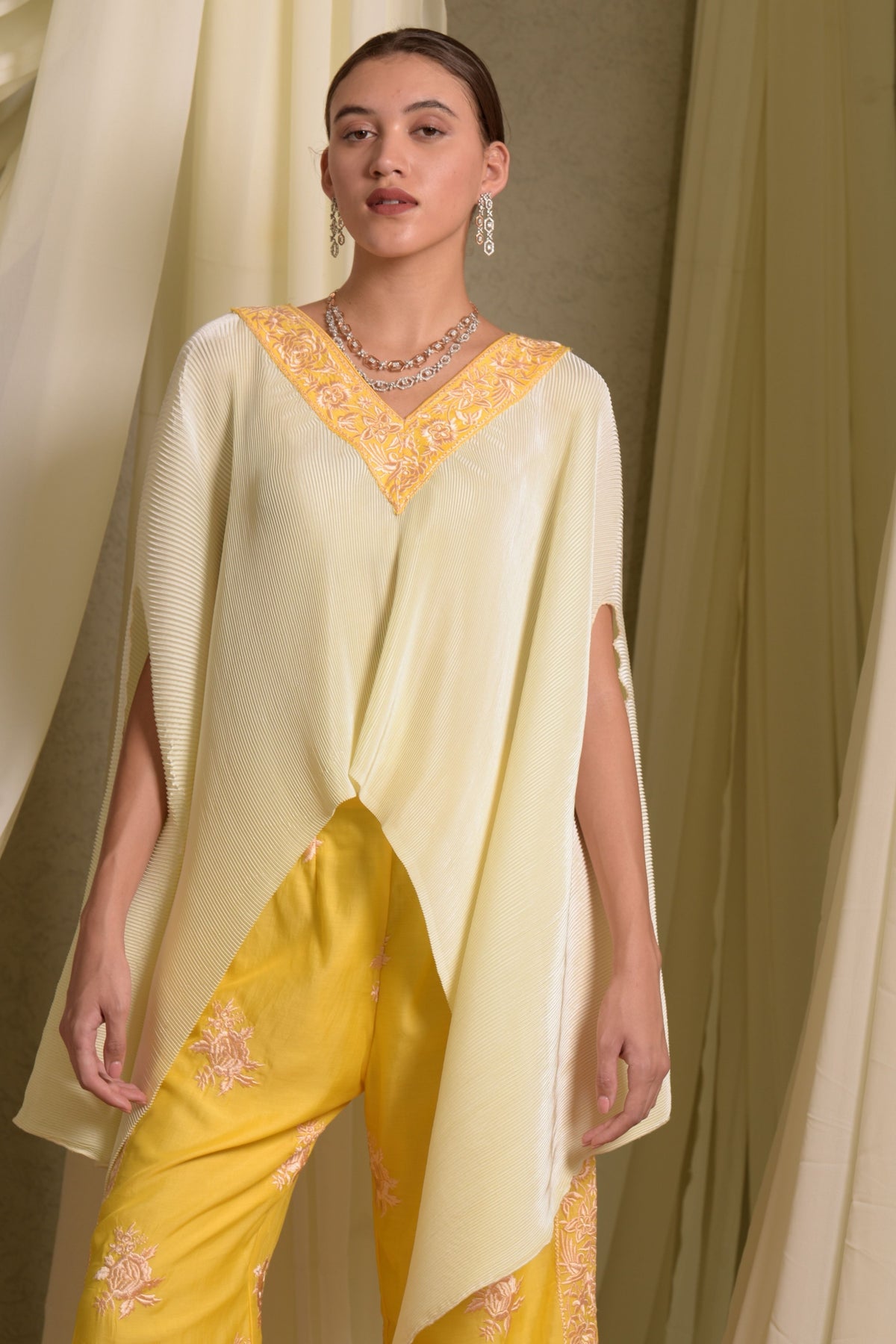 Reyna Gara Yellow Glazed Embroidered Pleated Cape Set