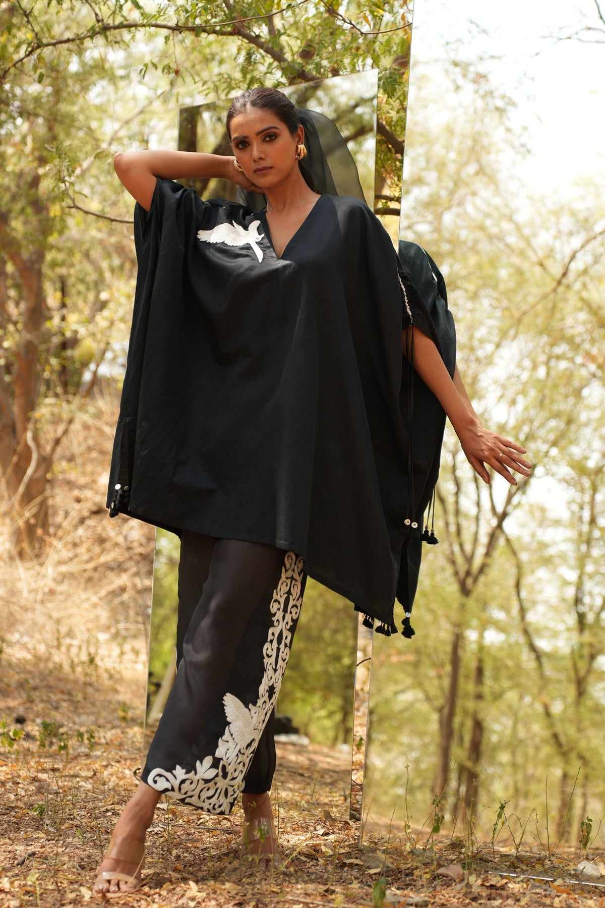 Black Embroidered Kaftan With Organza Pants