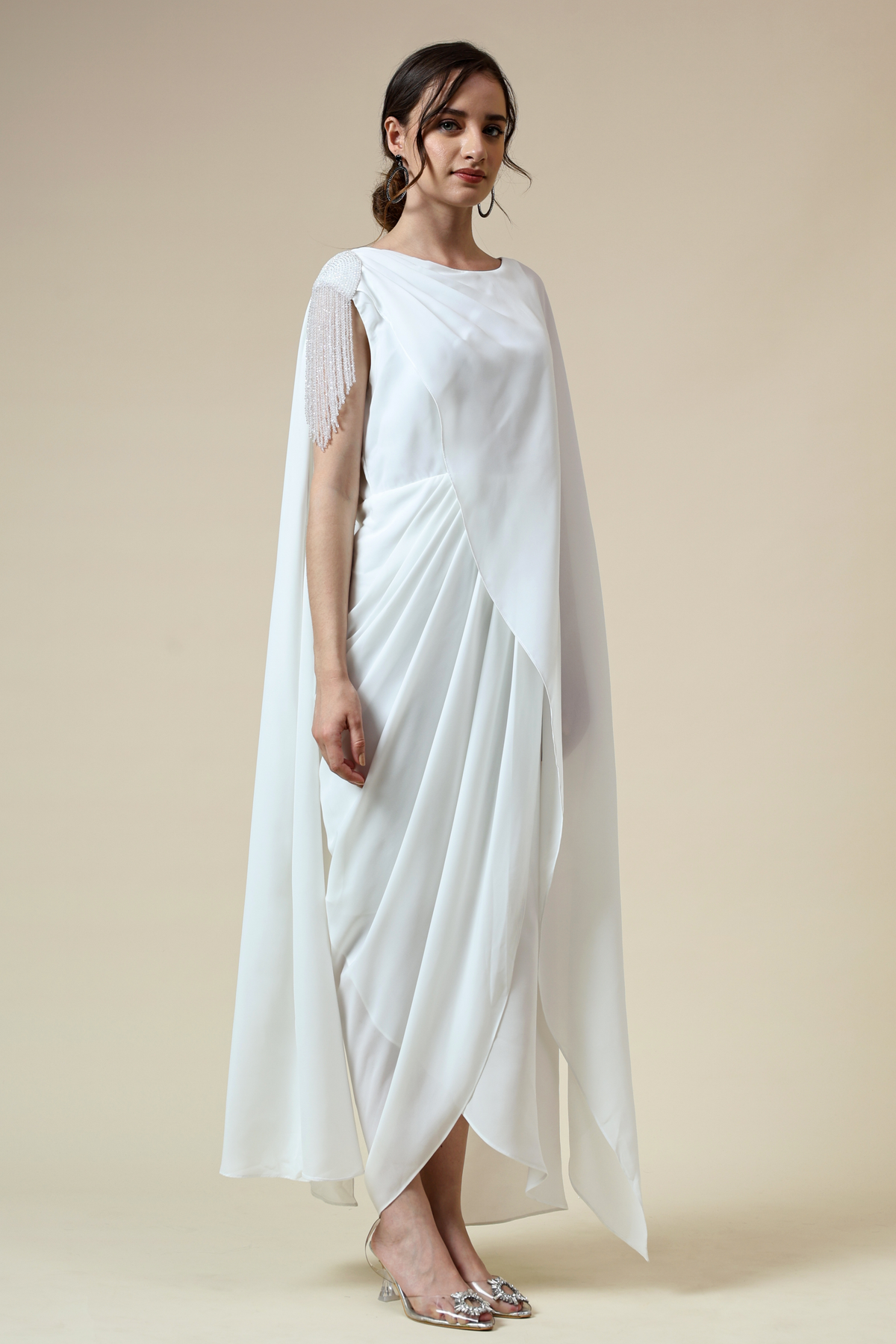 White Draped Dress With Crystal Fringes