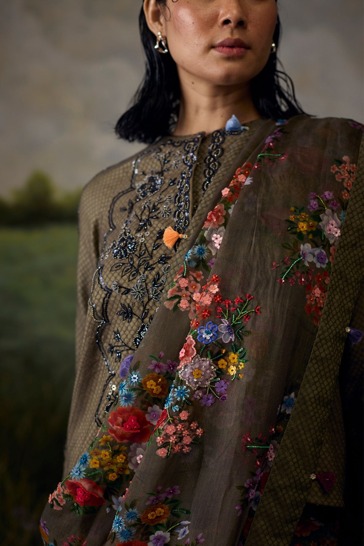 Dusty Grey Floral Saree