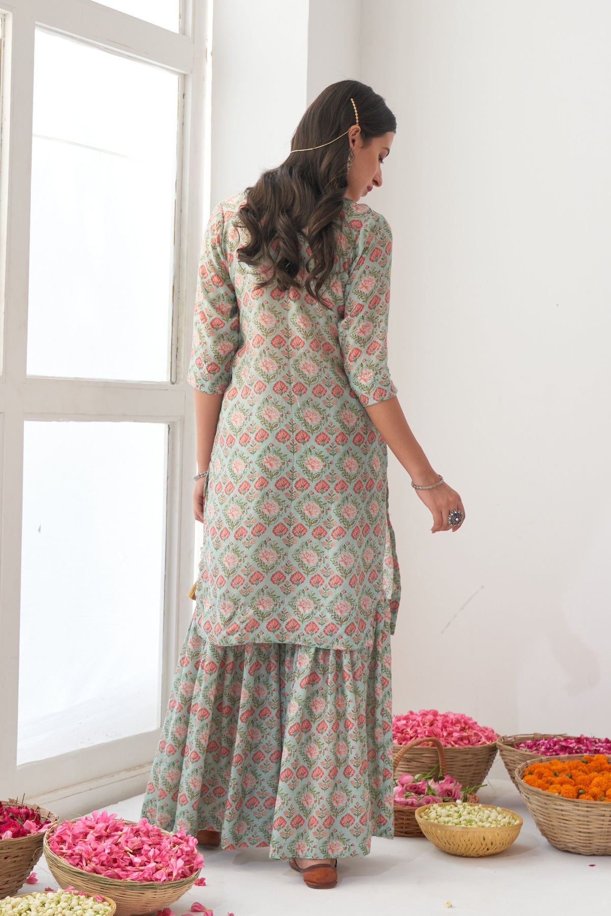 Aqua Peony Kurta Sharara