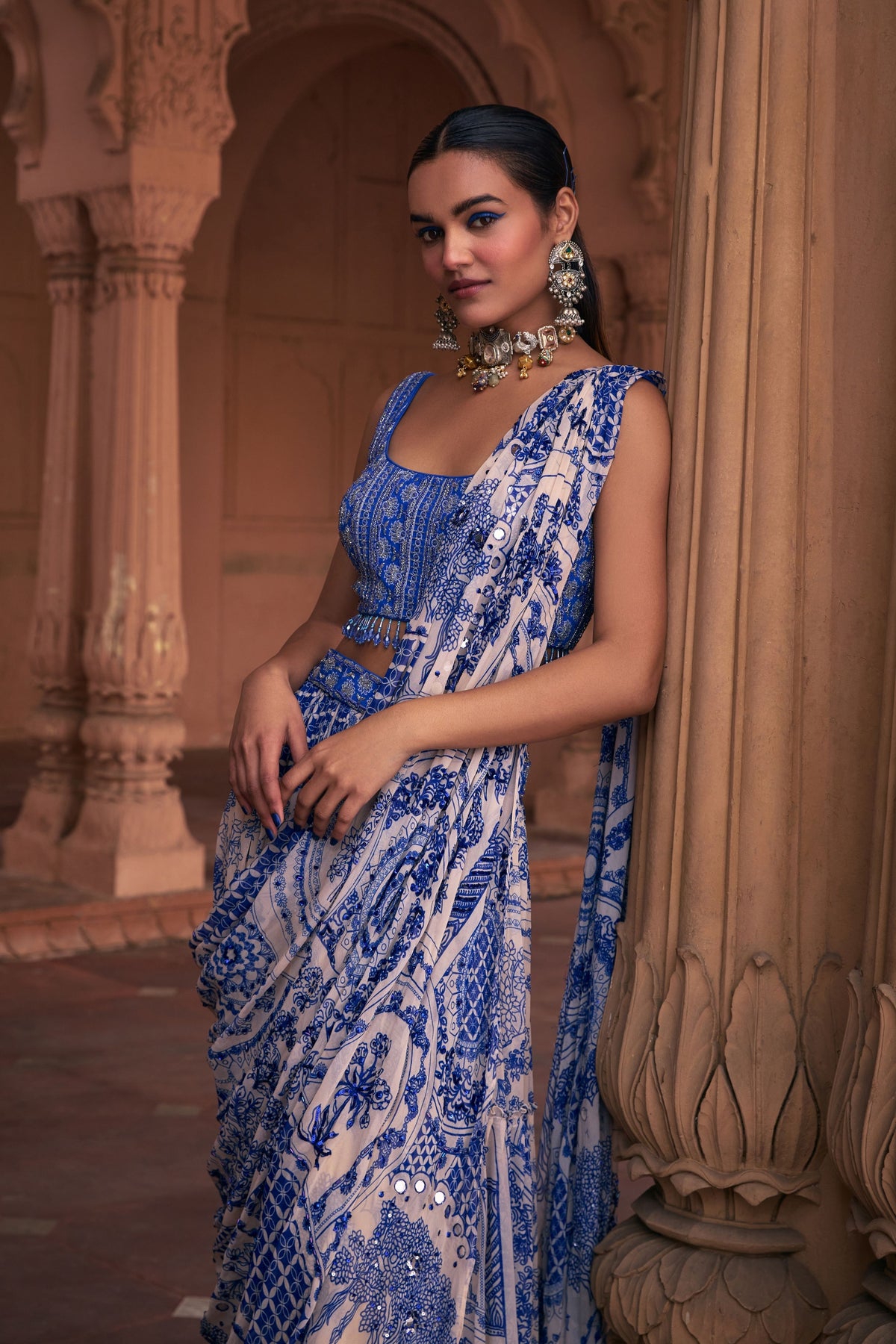 Blue Printed Draped Sharara Set