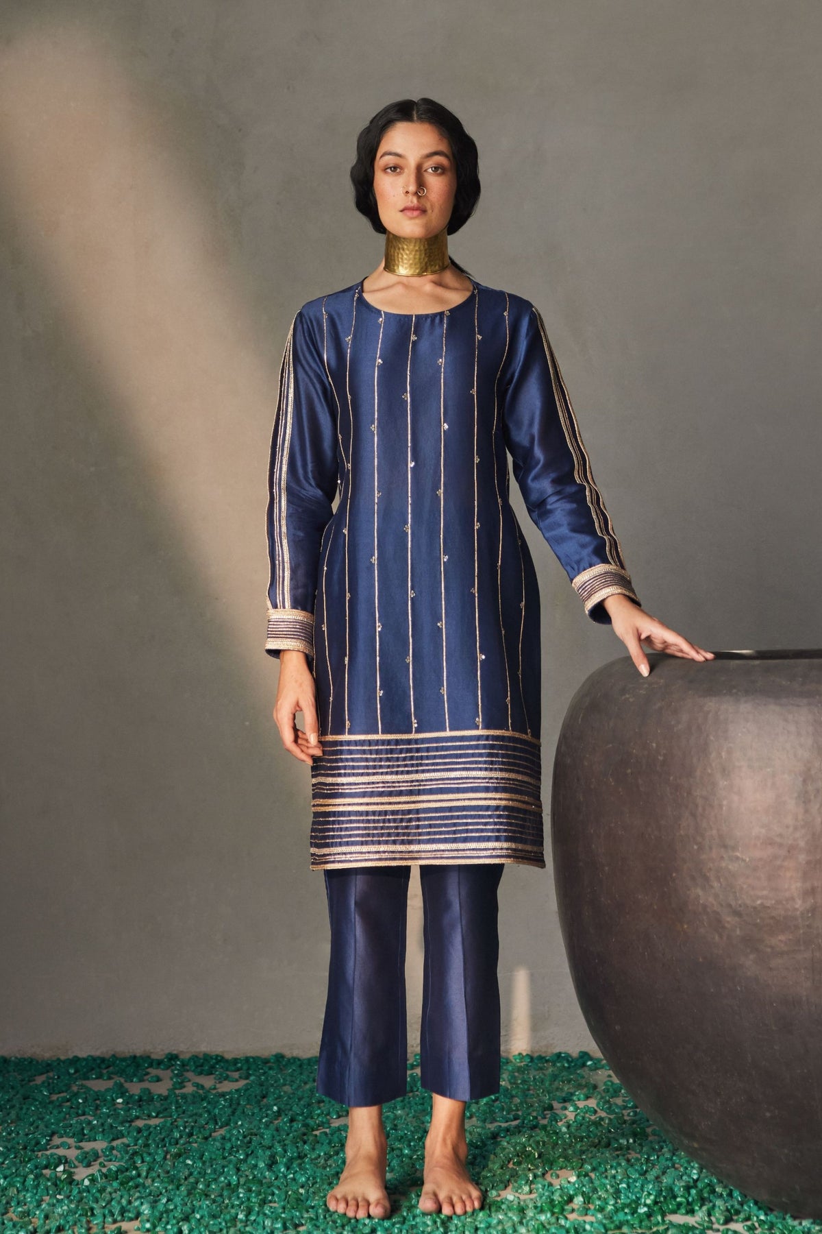 Navy Blue Zari Line Ensemble