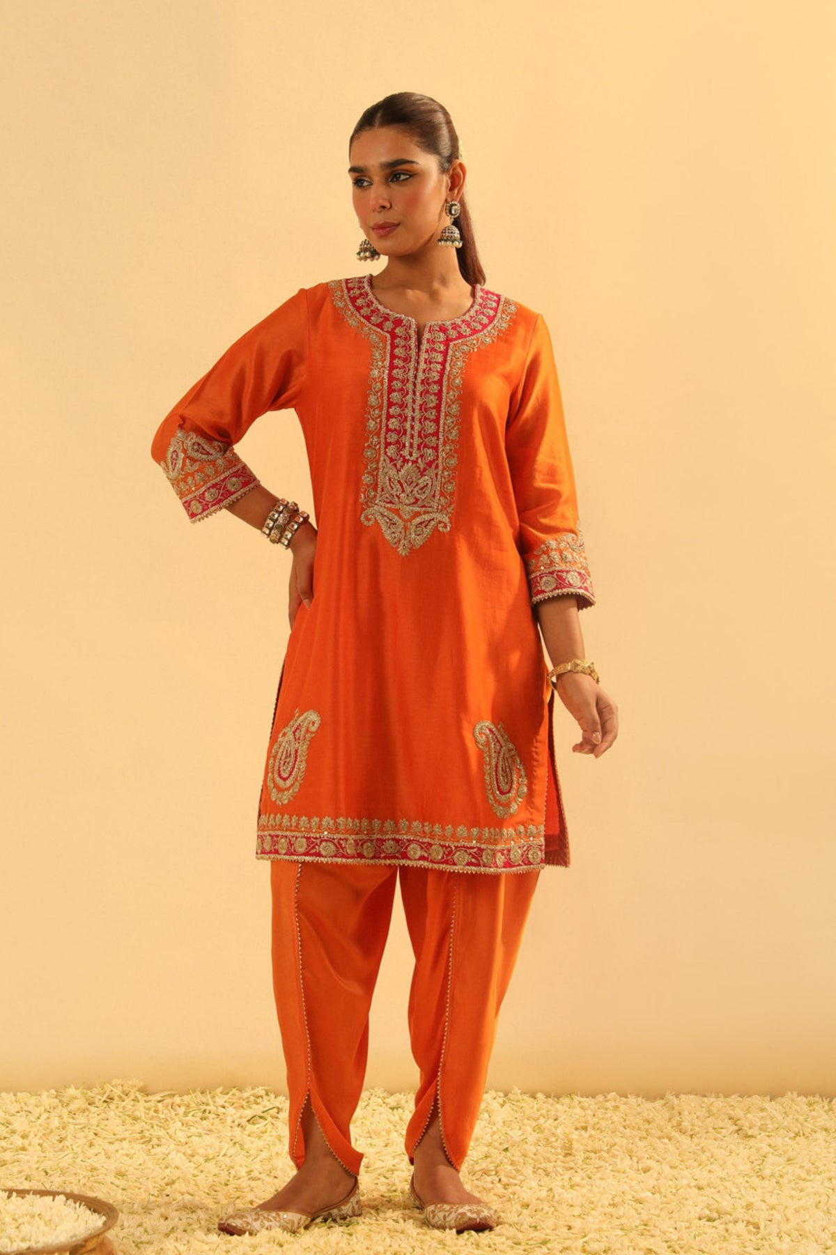 Anjum Short Orange Kurta With Dhoti