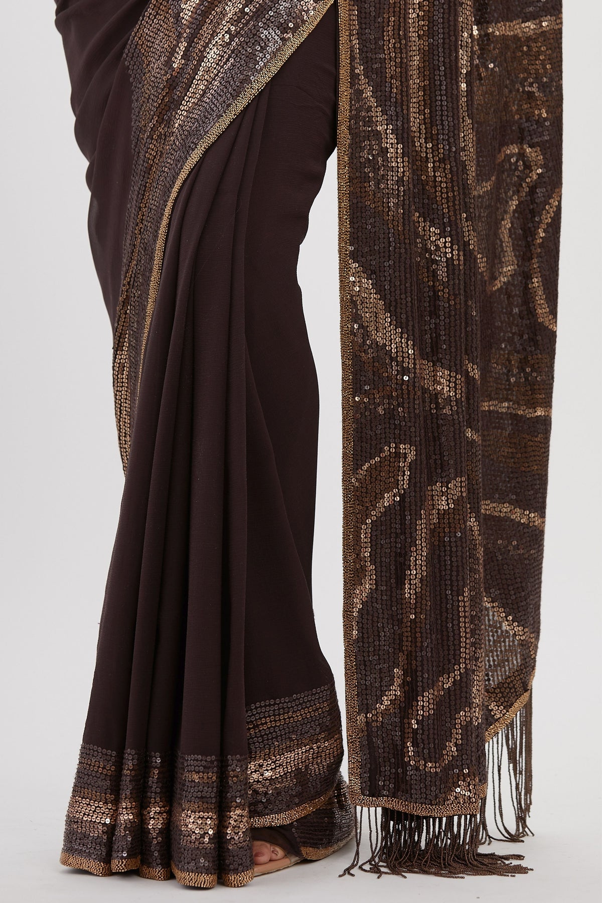 Coffee Sequin Wave Saree Set