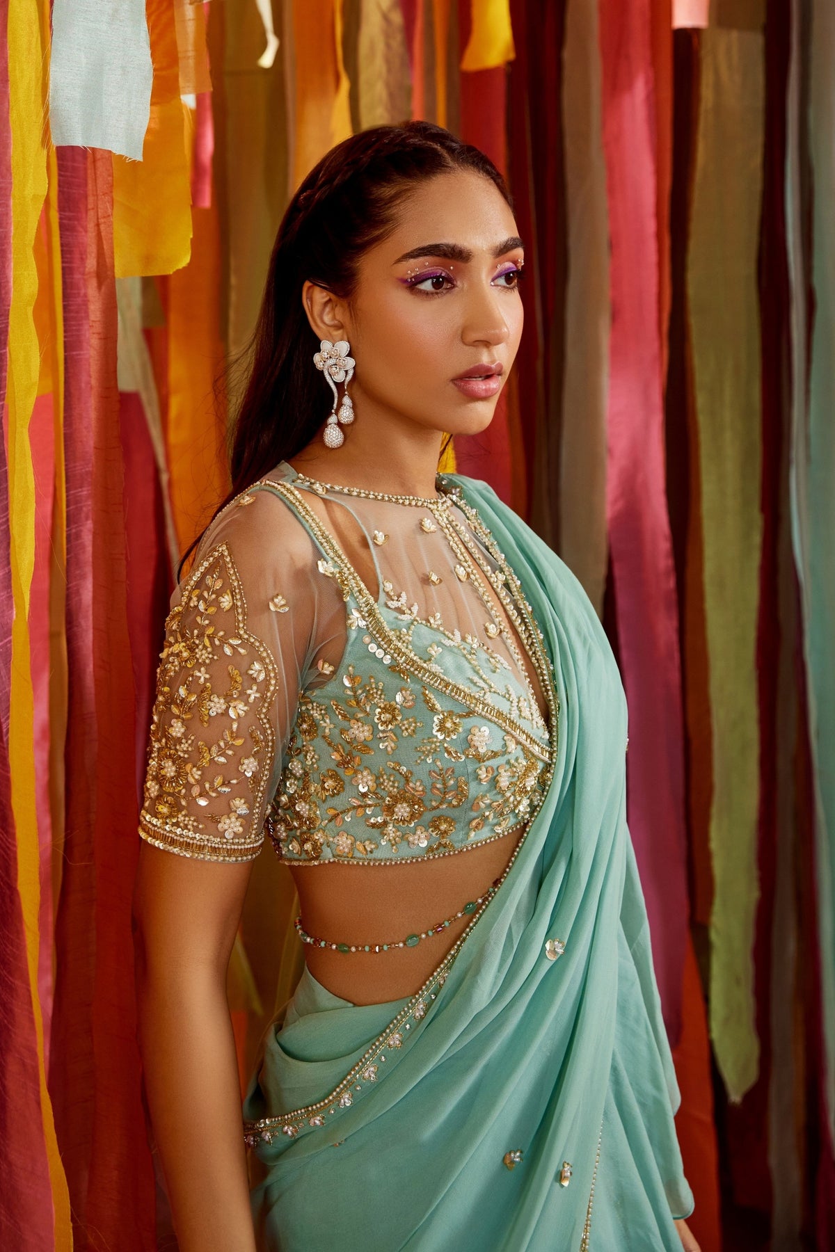 Mint Green Pre-Draped Ruffle Saree Set