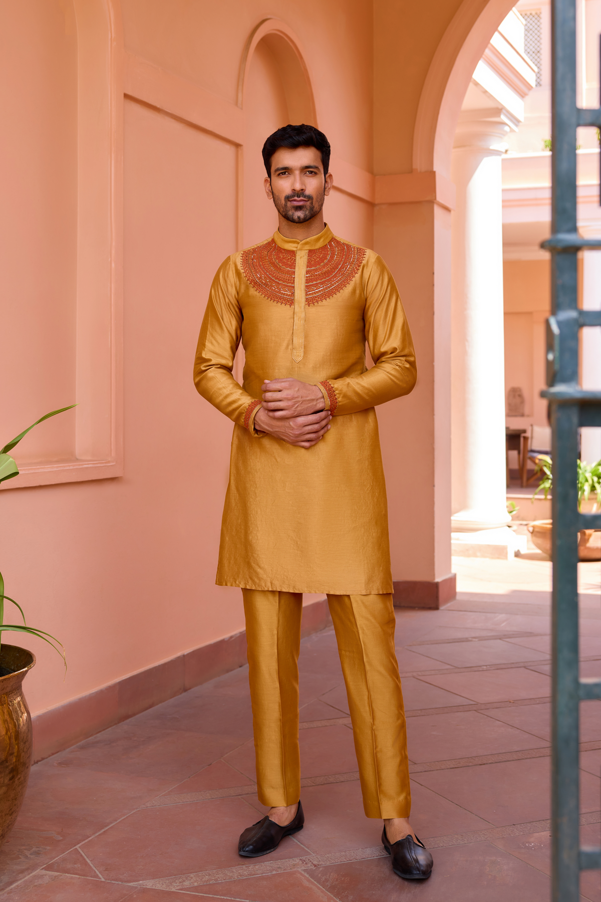 Gold mustard dori and hand embroidered silk kurta set