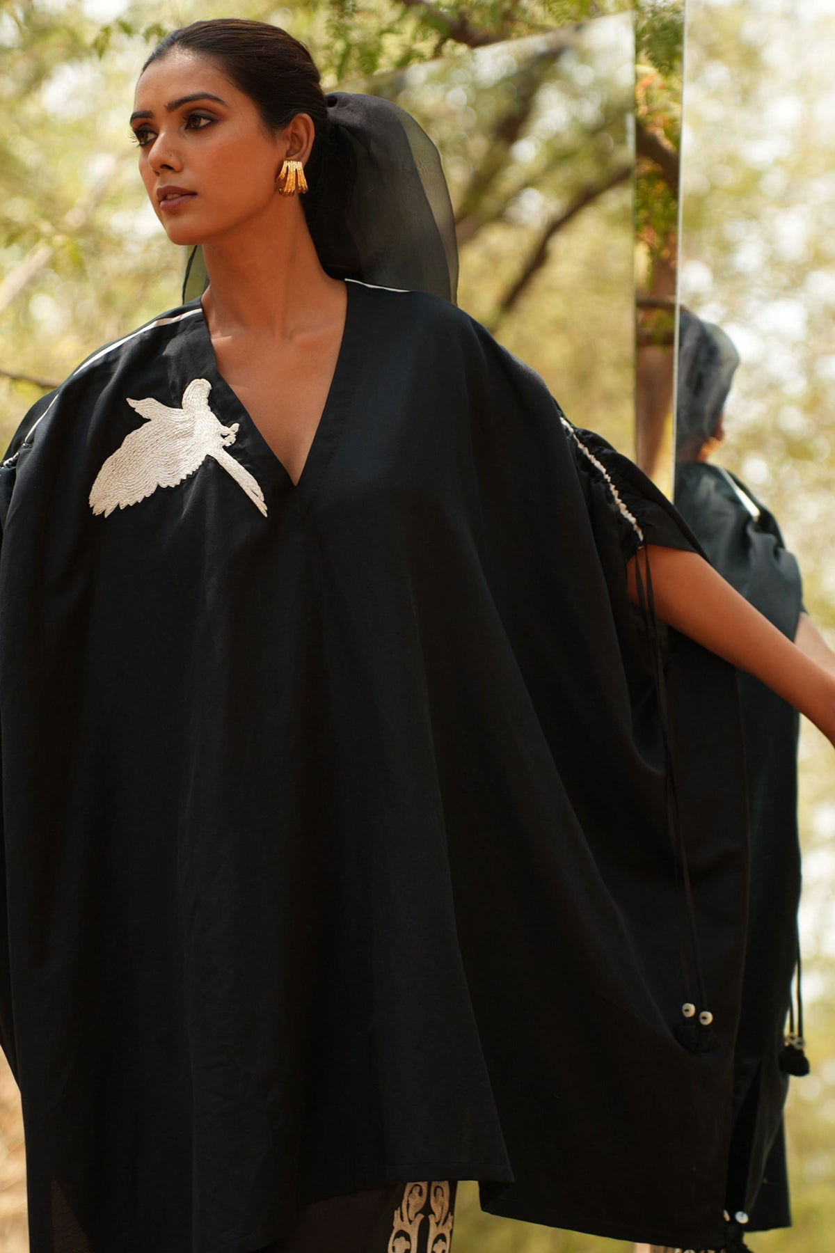 Black Embroidered Kaftan With Organza Pants