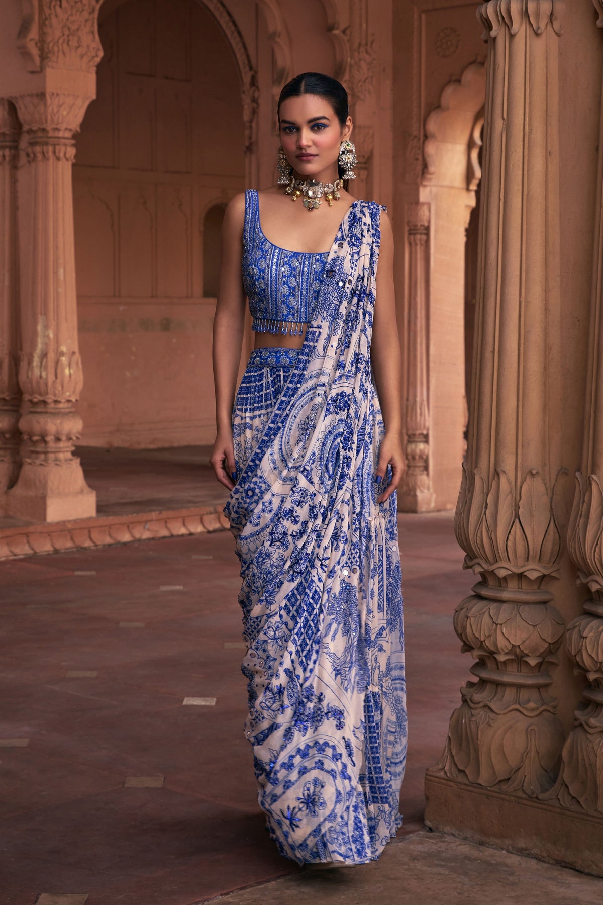 Blue Printed Draped Sharara Set