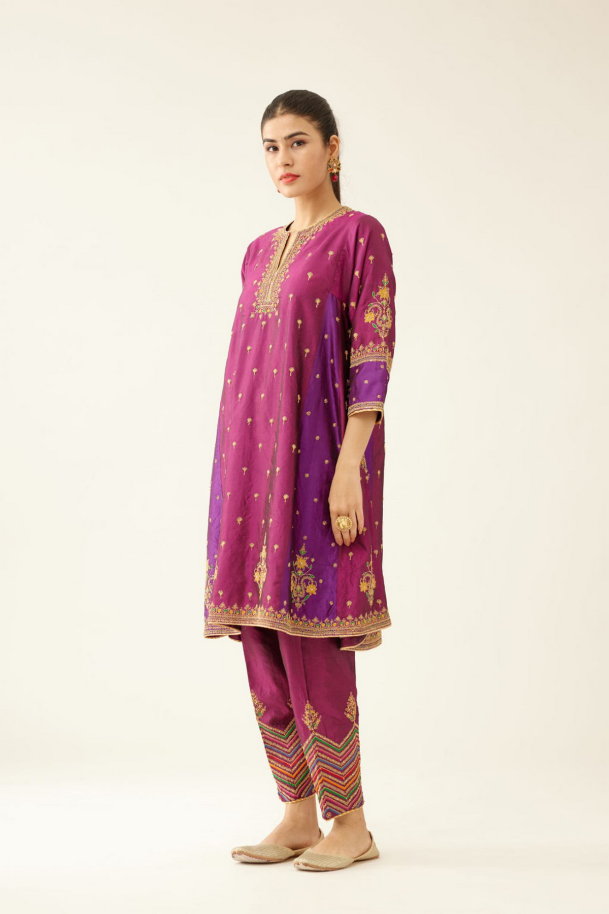 Sangria &amp; Purple Silk Kalidar Kurta Set