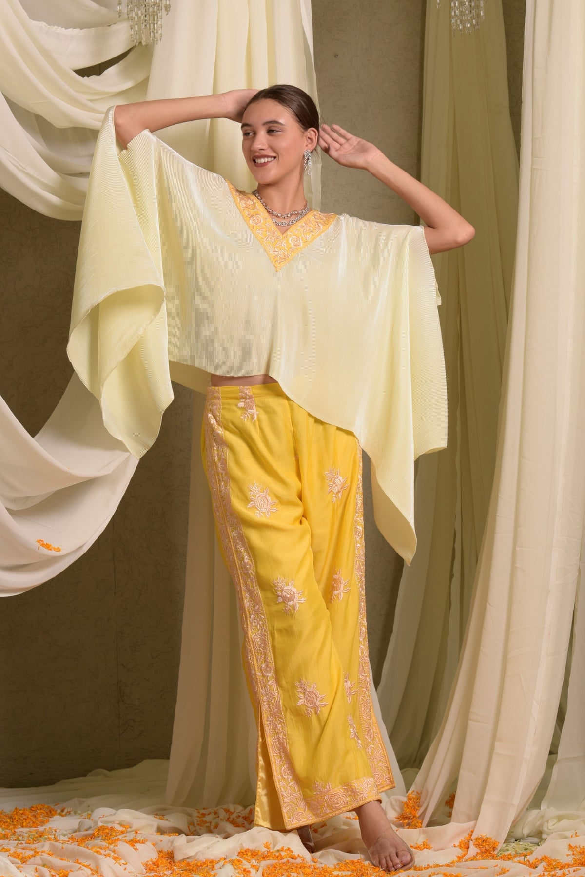 Reyna Gara Yellow Glazed Embroidered Pleated Cape Set