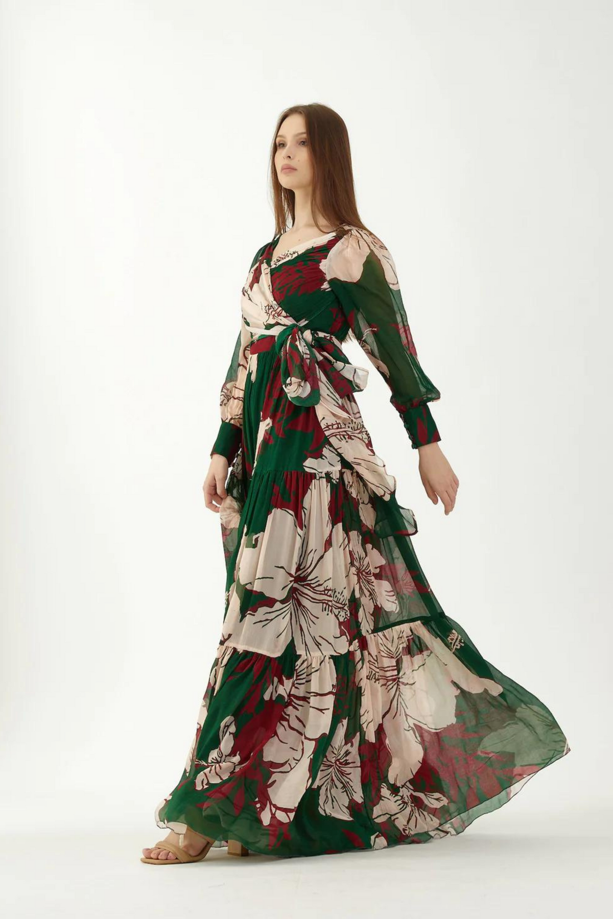 Green, Red And Offwhite Long Floral Dress