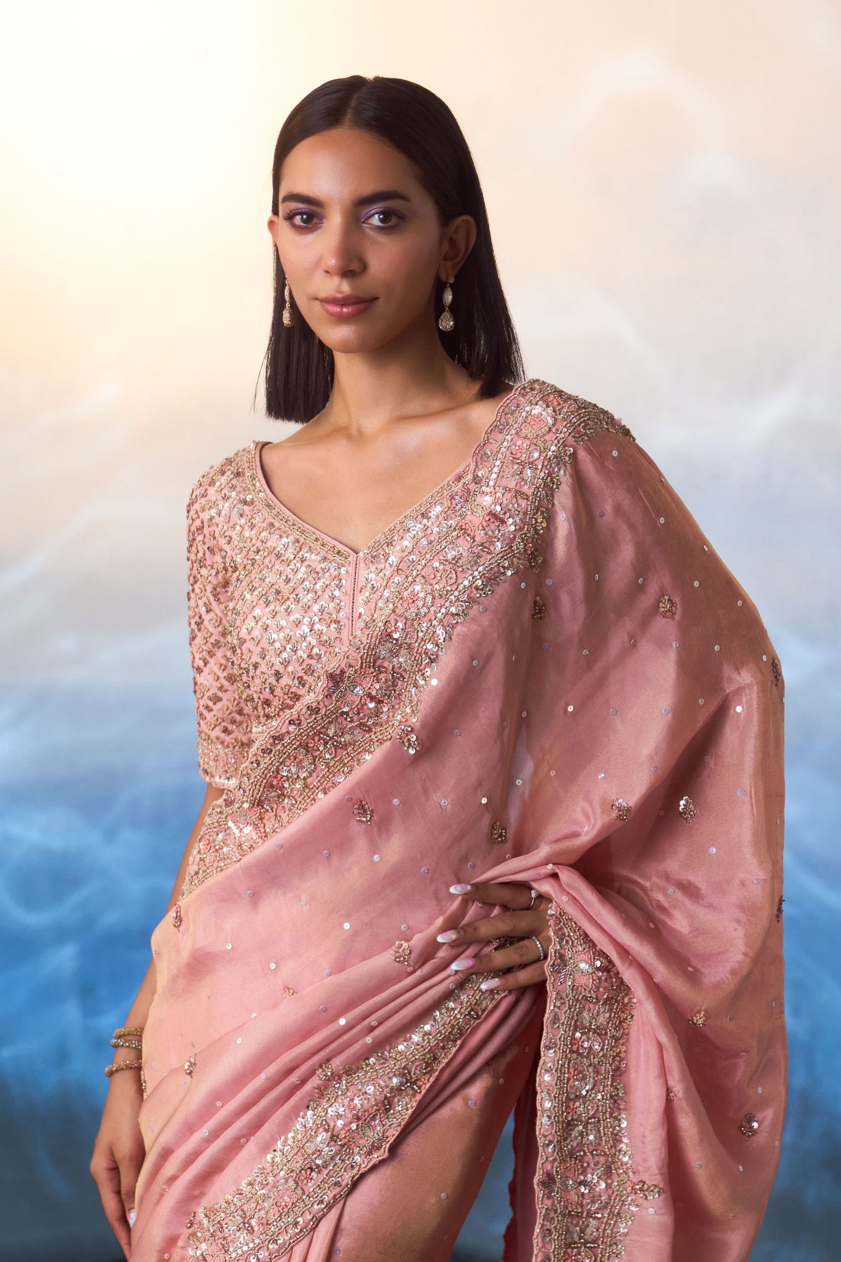 Peach Embroidered Saree Set