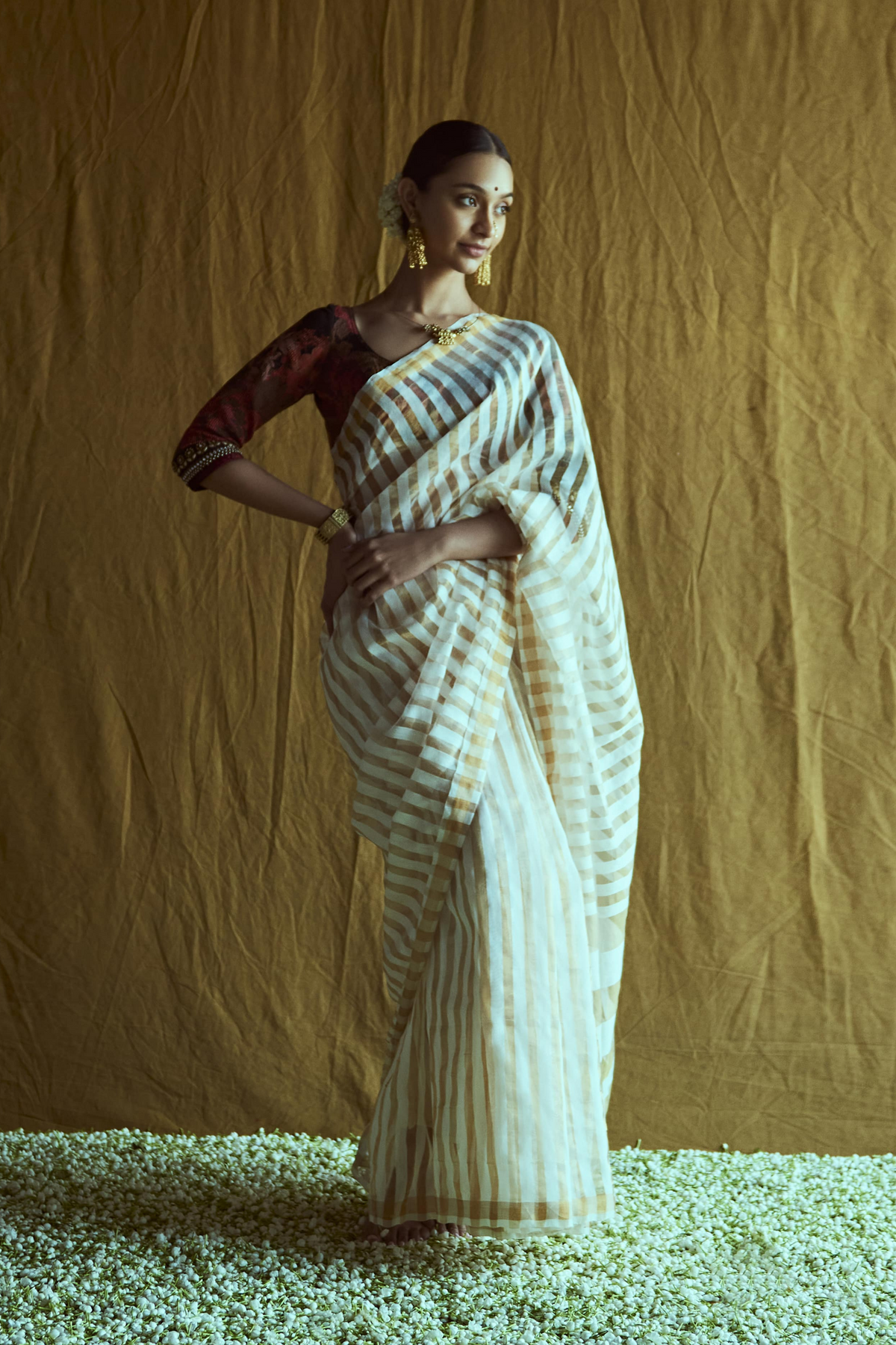 Gold Zari Silk Striped Saree