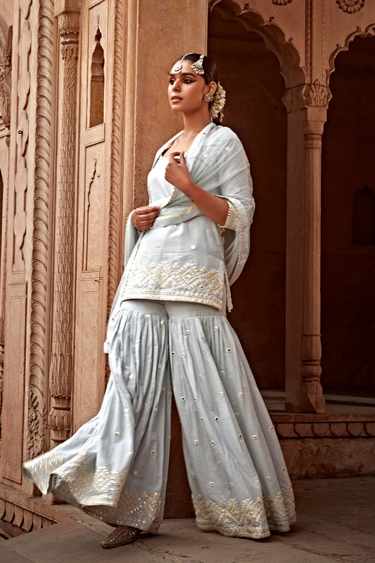 Ice Blue Diamond Straight Sharara Set