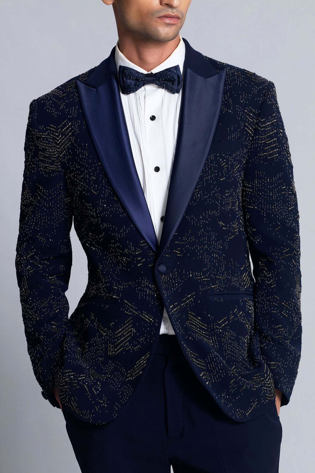 Navy Blue Sandwash Pearl Embroidered Tuxedo Set