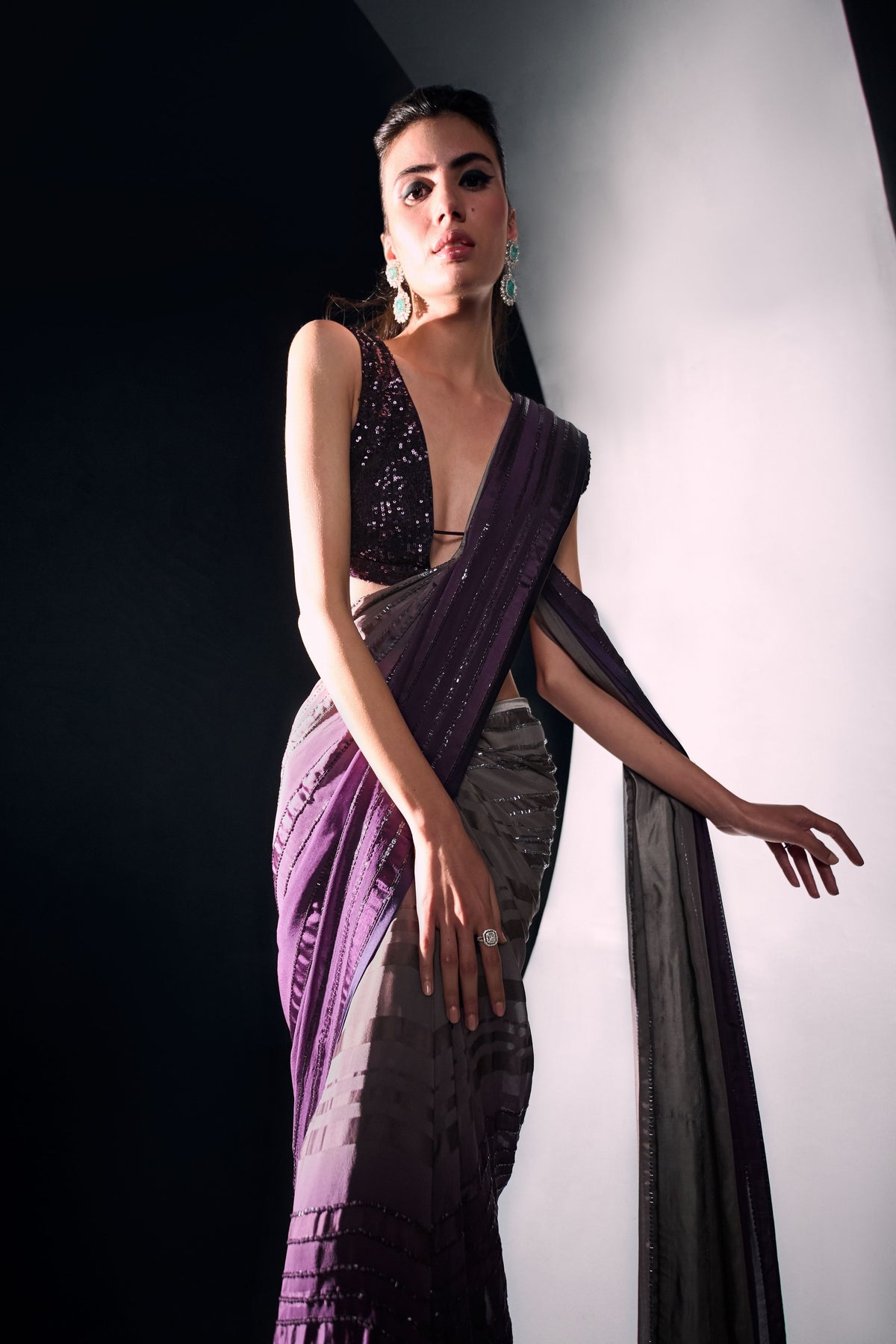 Purple Grey Ombré Stripe Saree