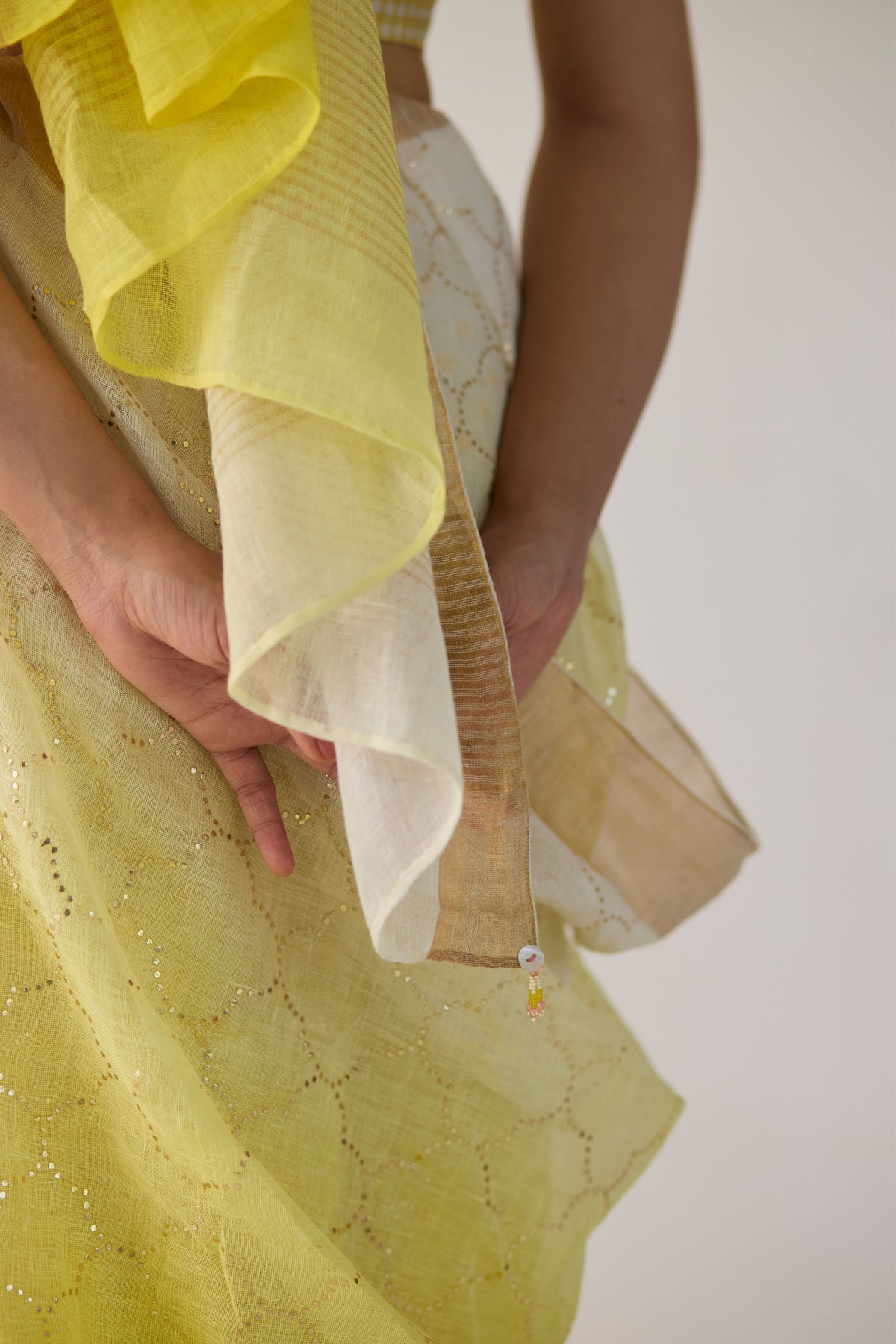 Yellow Ombre Sari With Gold Dot Print