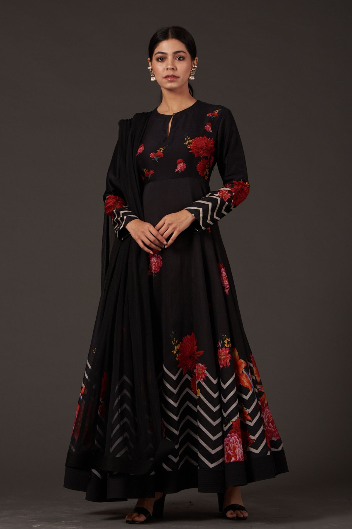 Charcoal Printed Anarkali Set